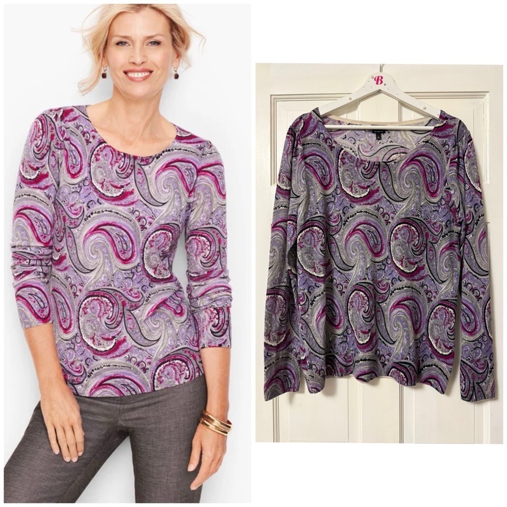 Talbots GATHERED SHOULDER 100% MERINO SWEATER Purple Paisley Long Sleeve Top